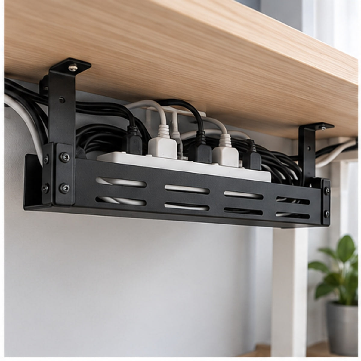 Under-Desk Cable Tray — in use